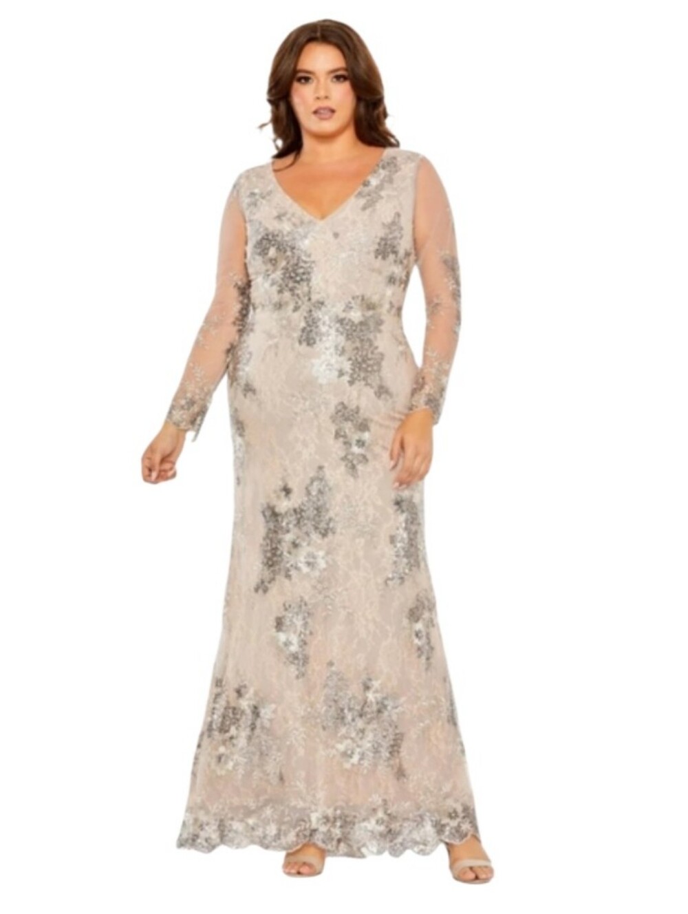 Mac Duggal 68352 Taupe 20W Embroidered Beaded Sequin Maxi Dress NWT